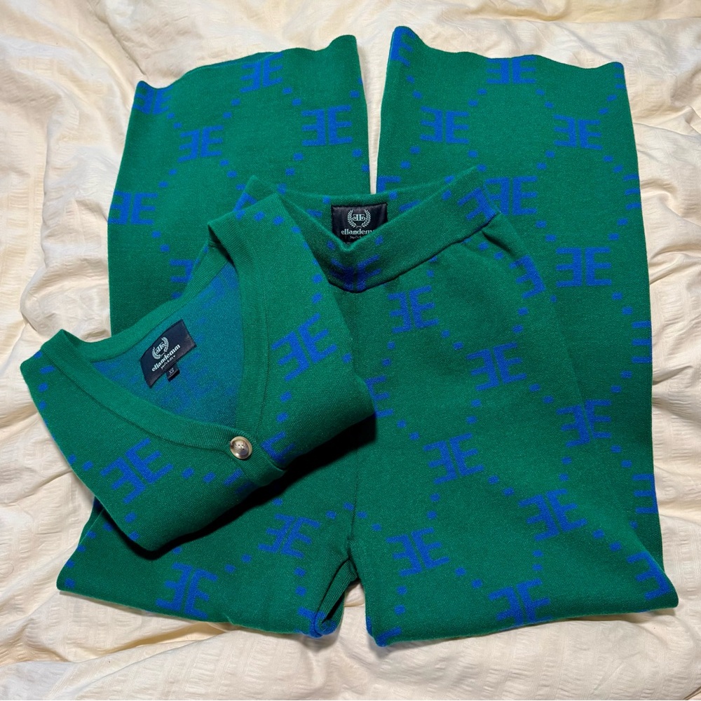 EllandEmm Green and Blue Knit Cardigan Sweater and Pants Set